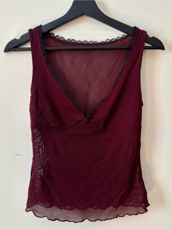 Tops - Sleeveless Sheer V-Neck Tank - Wine